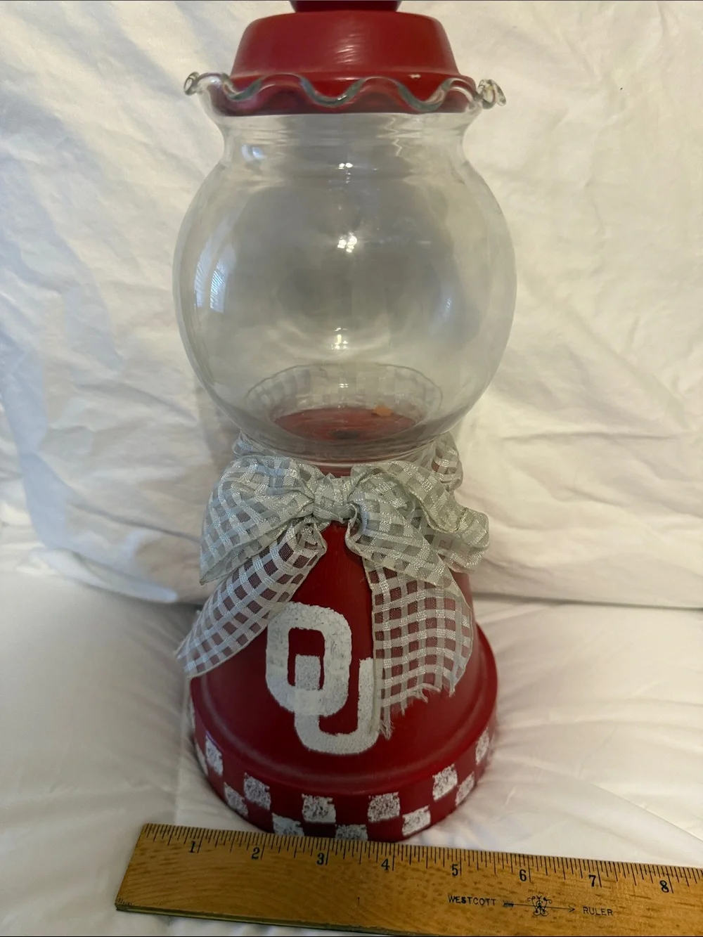 Red Decorative Glass Jar Vase with OU Accent and Checkered Base